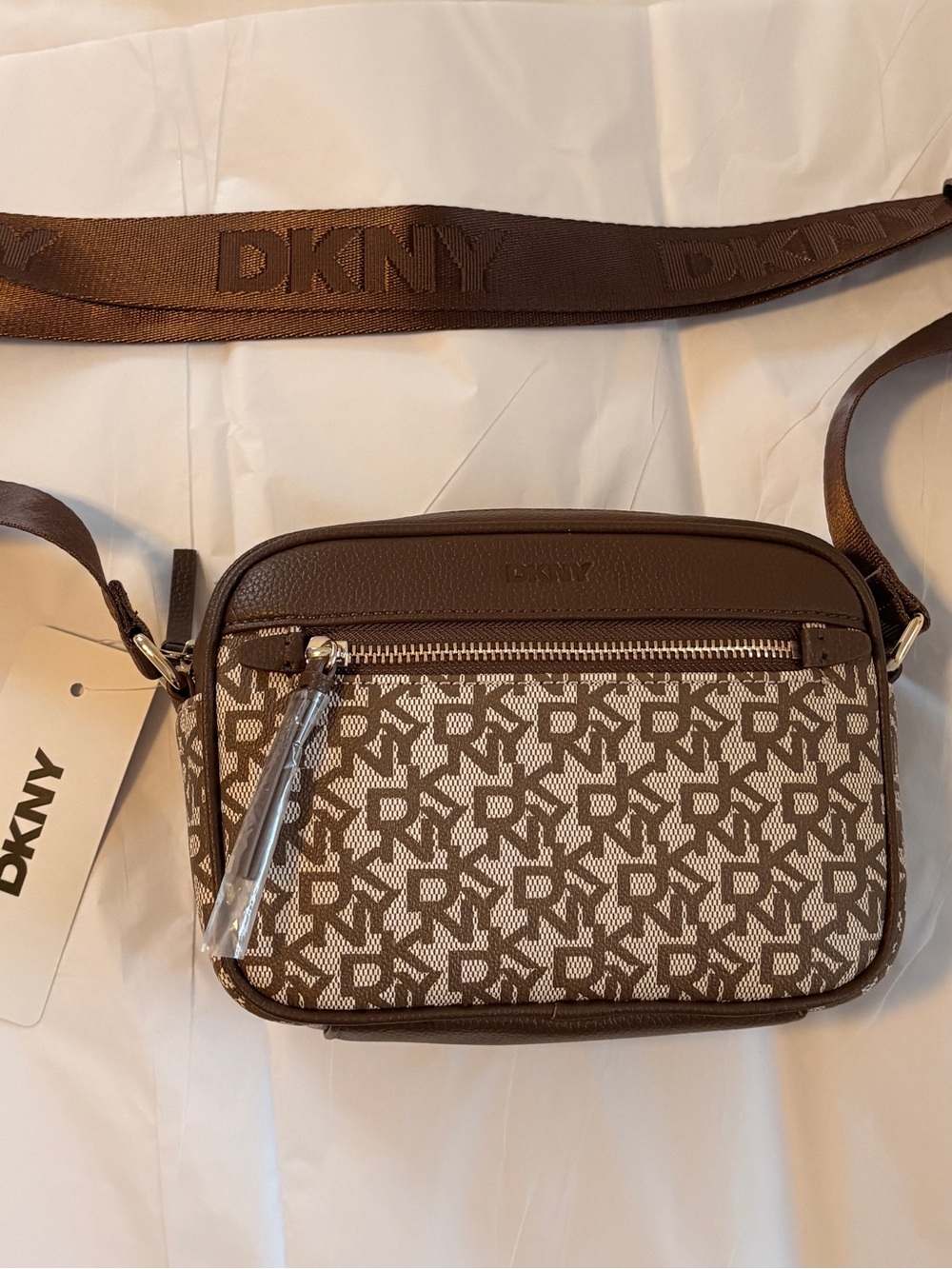 NWT DKNY Logo Crossbody Camera Bag Monogram Brown Chino/Chocolate